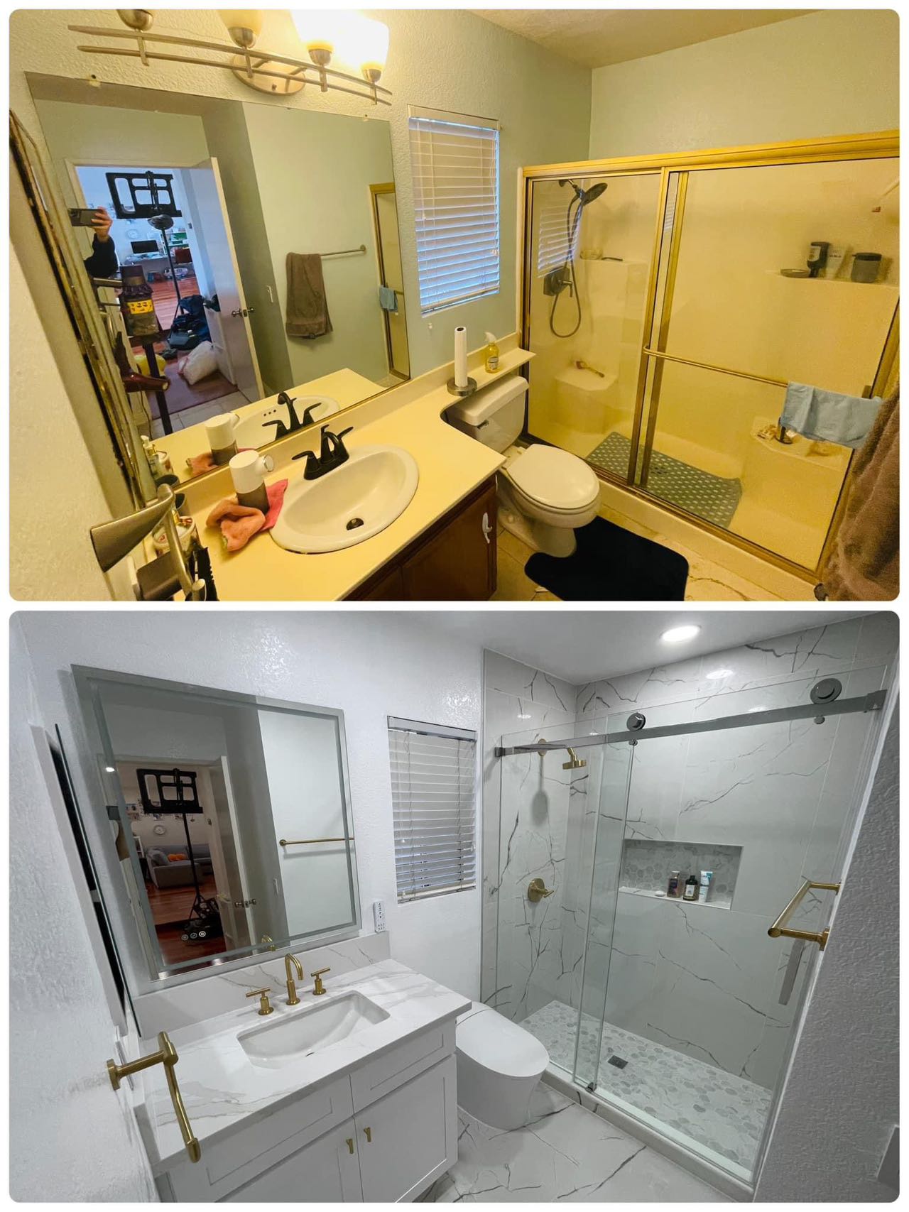 Bathroom 1 before and after remodel collage at Shuyi House Miramesa